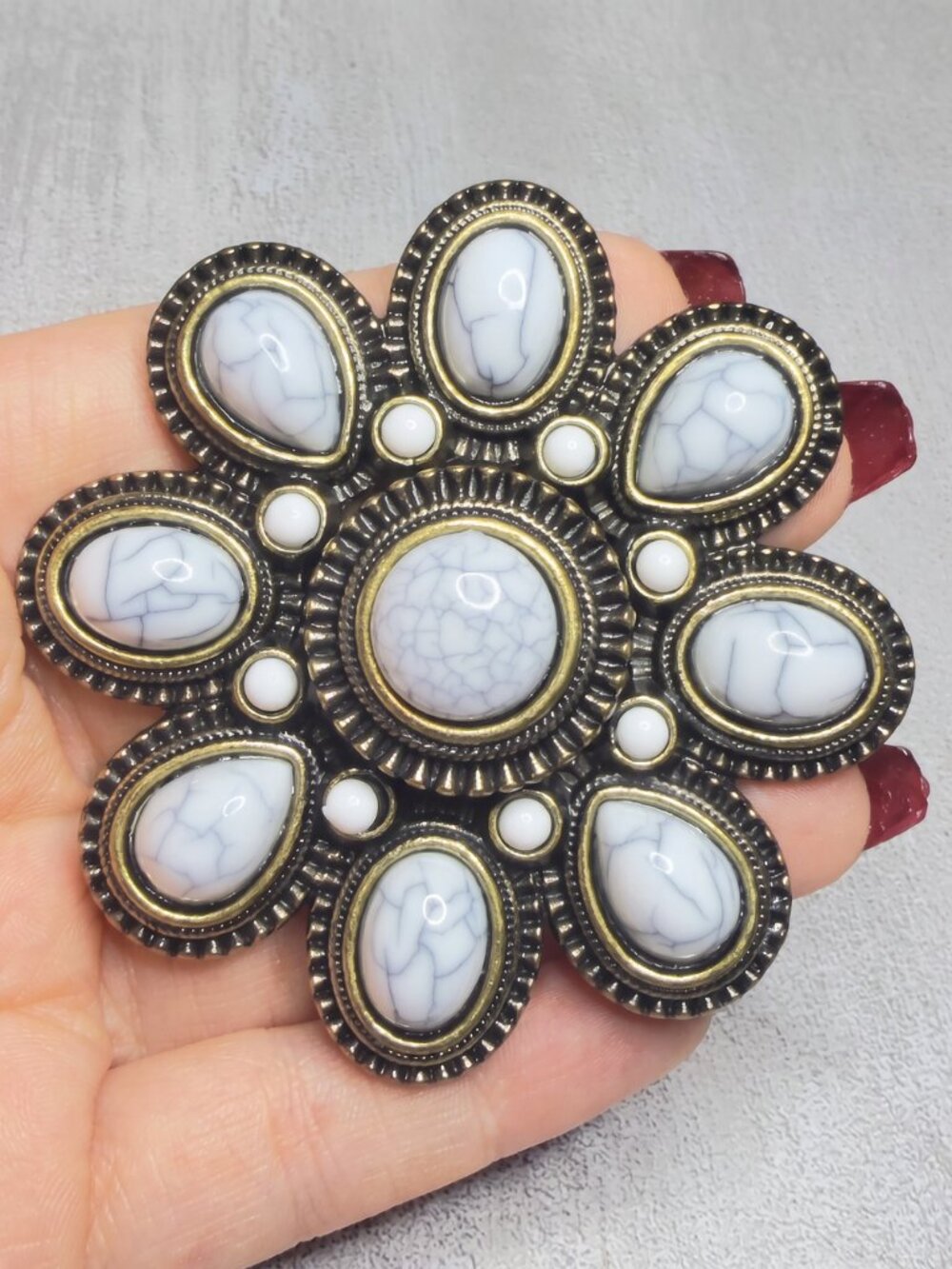 Vintage Premier Designs Marbled Cabochon Brooch Antiqued Bronze Tone